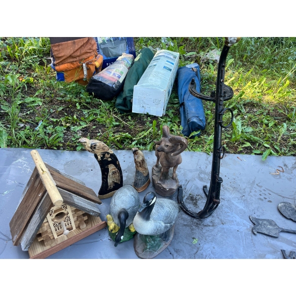 Collection of ceramic ducks, Bird house, decorative tools holder 2 would carved eagle H 12” H9”