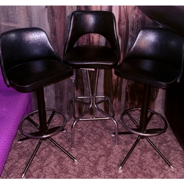 Three Black Vinyl and Chrome Bar Stools with Swivel Seats