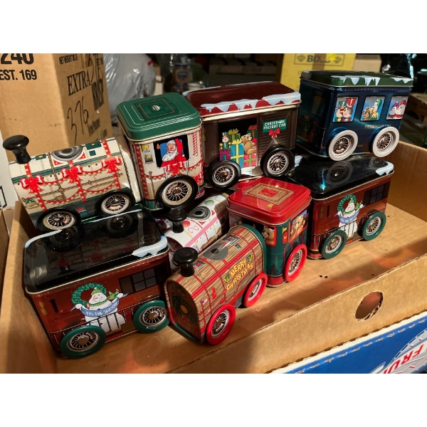 Christmas light with vintage ornaments, beautiful ceramic victorian angels, three toy tin trains cra