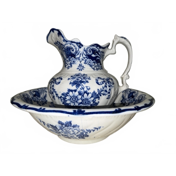 Blue and White Floral Porcelain Pitcher and Basin Set