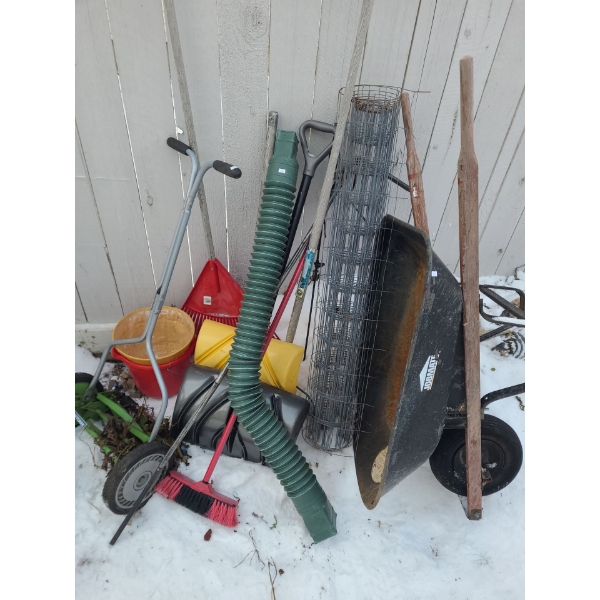 Jobmate Wheelbarrow 36 L, 26 W, Manual Mower, Rake, Metal Caging and More!