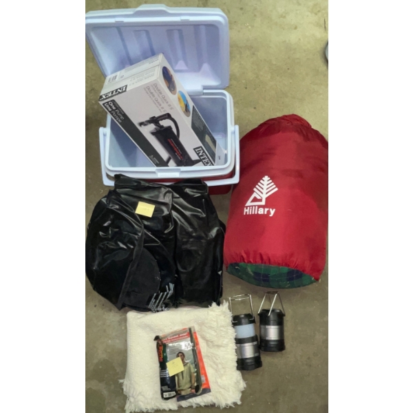 Camping Bundle #3   Cooler, Sleeping Bag Blanket, Flashlight, Air Bed, Air Pump