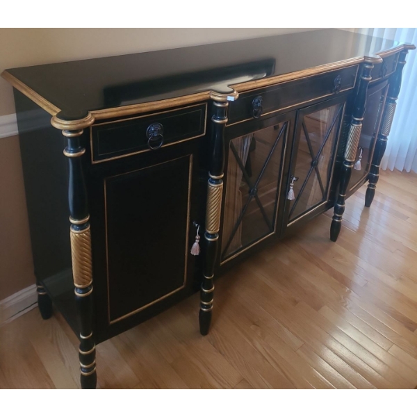 Black Lacquered Sideboard w/ Lion Medallion Details 76 W, 20 D, 40 T 