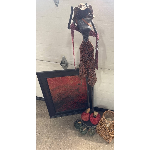 Decorative Hardened Fabric Statue, Wicker Home Decor, and Framed Abstract Artwork