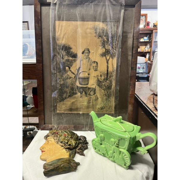 Antique Art Nouveau terracotta or plaster bust, dating from around 1900.  Sake Cups & teapot