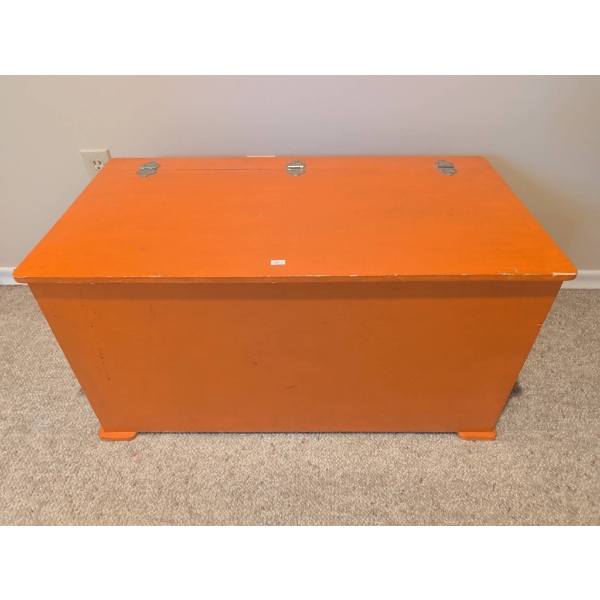 Orange Painted Wooden Storage Chest with Hinged Lid