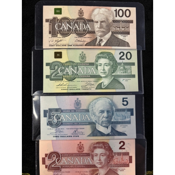 Canadian bird series bank notes $100 $20 $5 $2  uncirculated condition various signature & Serial #