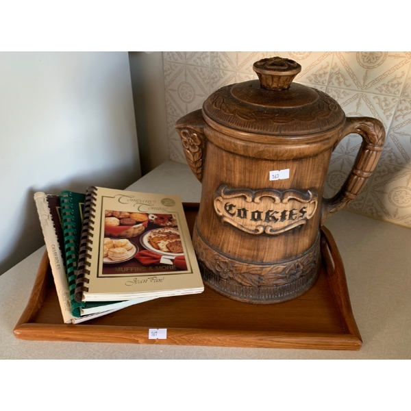 Rustic Farmhouse Chic Cookie Jar, Wooden Serving Tray and Cook Books! 