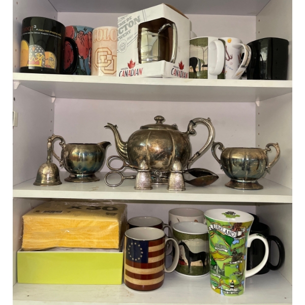 Cupboard Of Goodies   Coffee Mugs Galore w/ Silver Plated Tea Sets