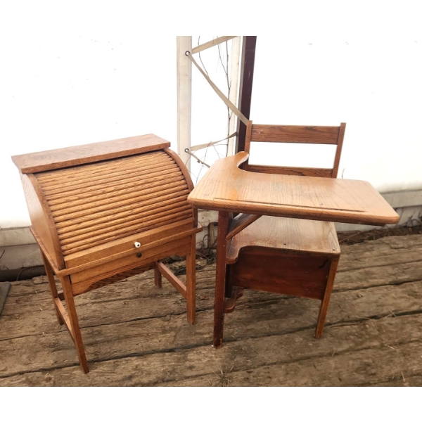 Antique School Desk ( 31"H x 21.5"W x 31"D) and Small Roll Up Desk ( 31"H x 21.5" x 31"D)