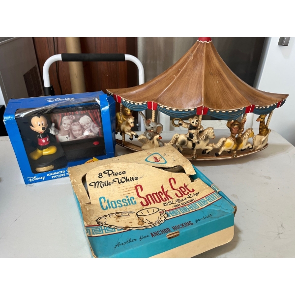 eight piece milk, white classic snack set in original box with Disney/Mickey Mouse picture frame and