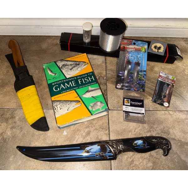 Fishing Essentials - Hunting Knife In Sheath Hooks Line & More