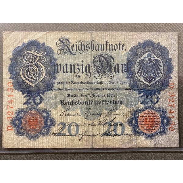 1920 German Reichsbanknote 20 Mark Banknote, Serial Number D-3274130