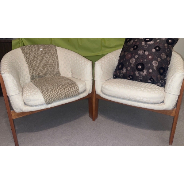 Mid Century Teak w/ Ivory Upholstered Accent Chairs 31T