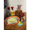 Image 1 : Glassware, butterdish, two candle holders, lighthouse salt and pepper shakers, and yorkie figurines.