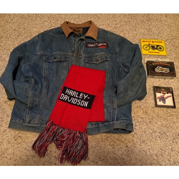 XL Harley Davidson Patched Thermal Jean Jacket w/Matching Scarf + Playing Cards 