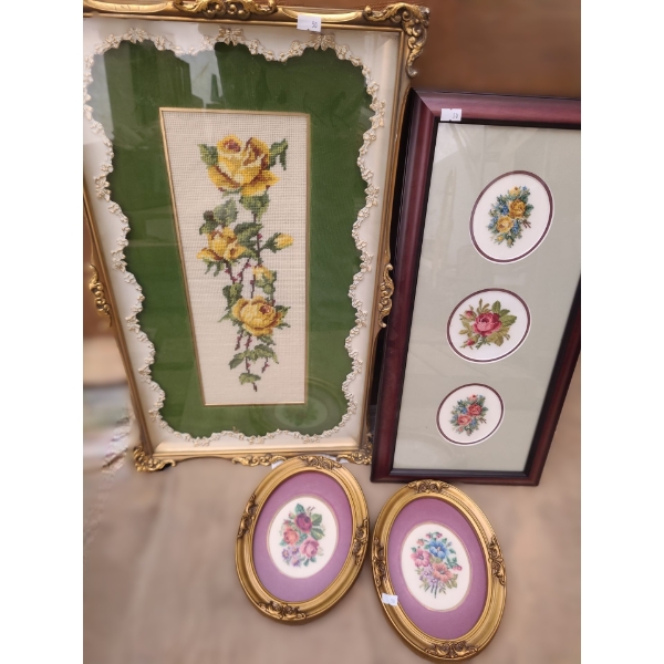Needlepoint Art: Yellow Roses: 14.5 X 24, Three Cutout Matting Roses: 22 X 11, Two X Oval 9 X 7 