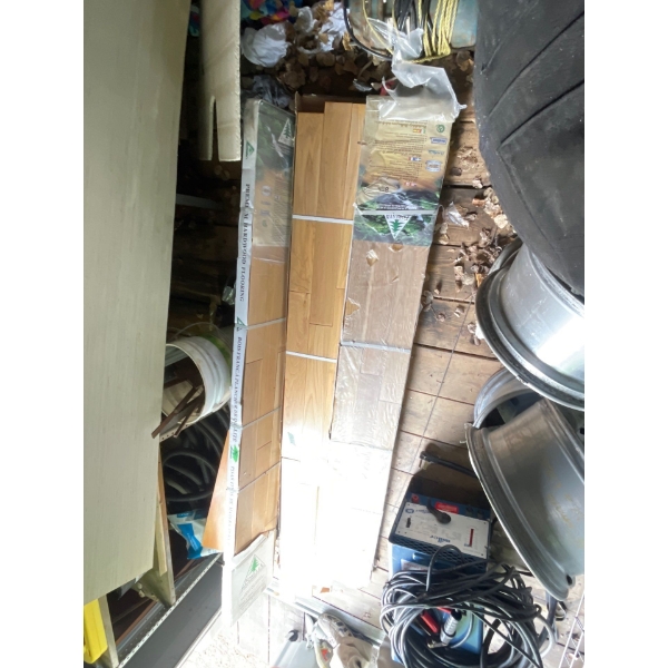 Wood Flooring (new in box), clothes dryer rack, outdoor carpet and Kenmore vacuum