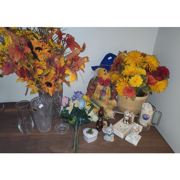 Collection of Vases- Tallest: Crystal Vase 9 T w/ Fall Flowers, Ring Holder and More!