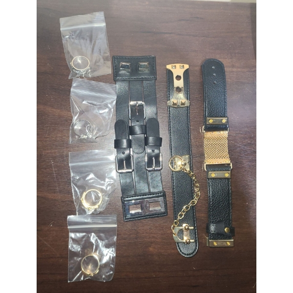 BCBG Fashion Jewelry: Four Gold and Silver Buckle Style Rings, Three Cuff Bracelets