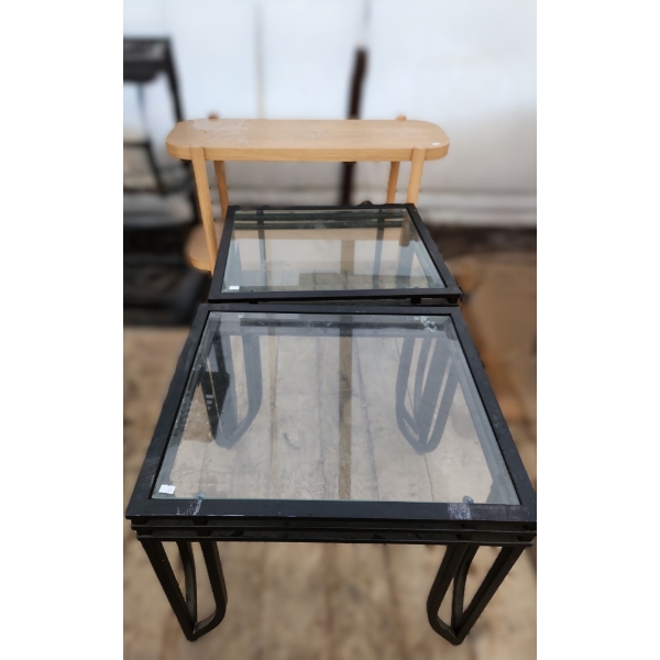 Two Metal and Glass End Tables 24 W. 24 D, 22 T, Ikea Shelving 36 W, 15 D, 28 T
