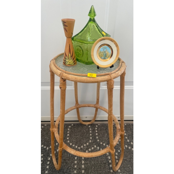 Bamboo Pedastal / Plant Stand w/ Depression Glass Candy Dish Hand Carved Candle Holder & More 18T