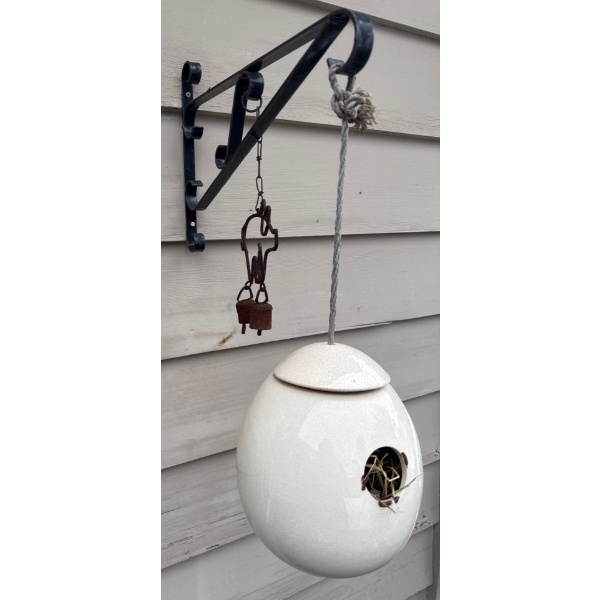 Simple & Chic Hanging Ceramic Birdhouse 11"Tall  w/ Bacon Bell