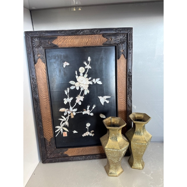 Japanese Lacquer Panel w/ Mother Of Pearl Inlay 22T & 2 Decorative Brass Vessels