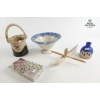 Image 2 : Decorated Basket 9''INCHES H, Mosaic Bowl 8''*5''INCHES,Covered BOXES, Canoe Sculpture With A Figure