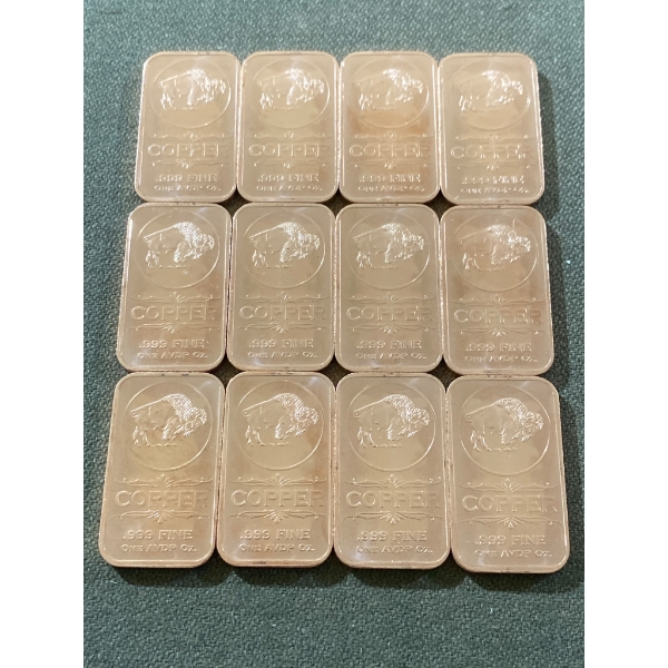 12 Copper Bullion Bars, 1 AVDP Oz Each, .999 Fine
