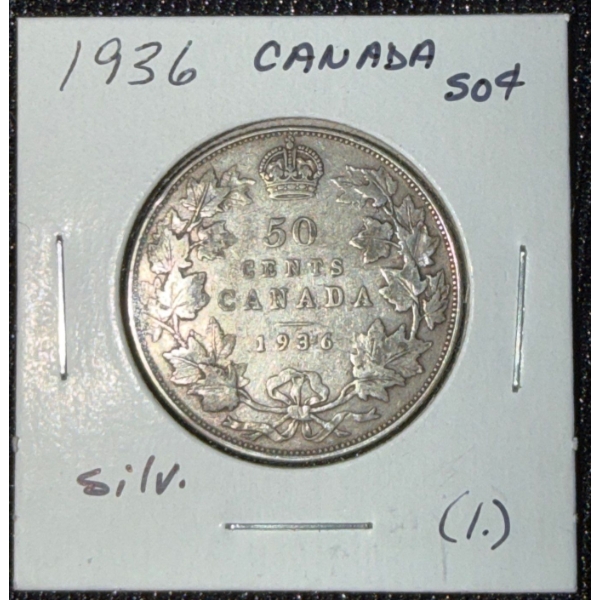 1936 Canadian 50 Cent Coin 92.5% Silver 11.62 Grams