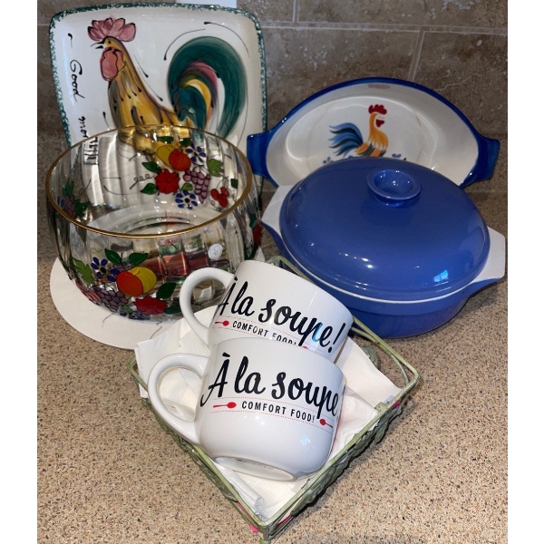 Decorative Kitchen Essentials - Crystal Serving Bowl Soup Mugs Rooster Trivet & 