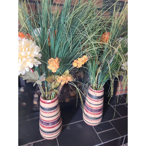 Pair of Striped Ceramic Vases  4" Diameter Top, 14 T w/ Artificial Flowers and Grass