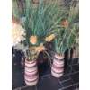 Pair of Striped Ceramic Vases  4" Diameter Top, 14 T w/ Artificial Flowers and Grass