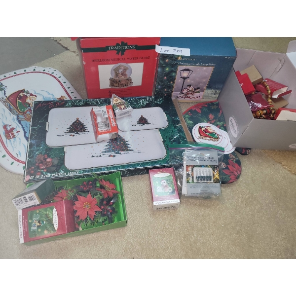 Christmas Decor Including Mats, Trays, Ornaments, and Musical Globe