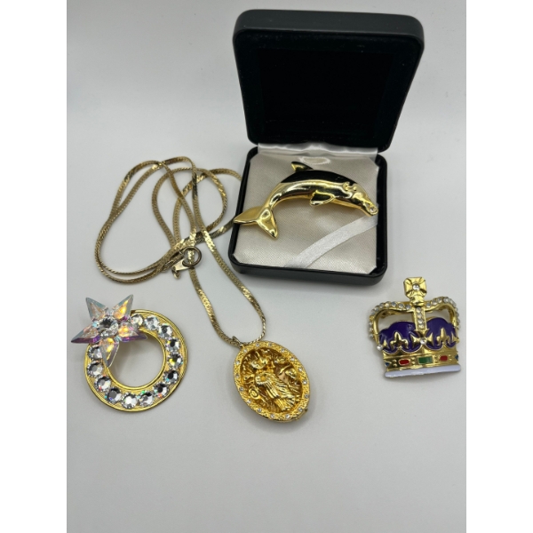 Dolphin brooch pin, crown brooch pin, Aurora Borealis retro brooch pin, and a detailed watch necklac