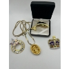 Image 1 : Dolphin brooch pin, crown brooch pin, Aurora Borealis retro brooch pin, and a detailed watch necklac