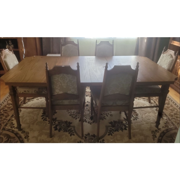 Vintage Wooden Table w/ 6 Chairs (2 Leaf Inserts Included; One Chair, the Wood is Separating)