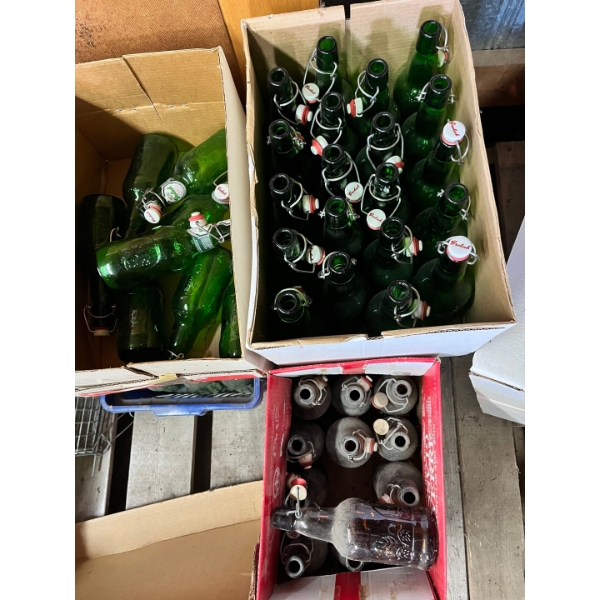 Five large boxes of vintage Grolsch green glass beer bottle featuring an embossed design & More