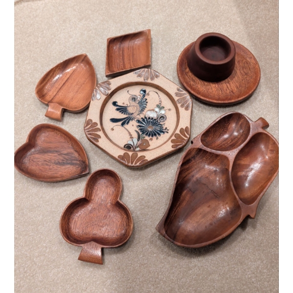 Hand Carved Vintage Wood Vessels - Hearts Diamonds Spade Clubs & more 13"Long 