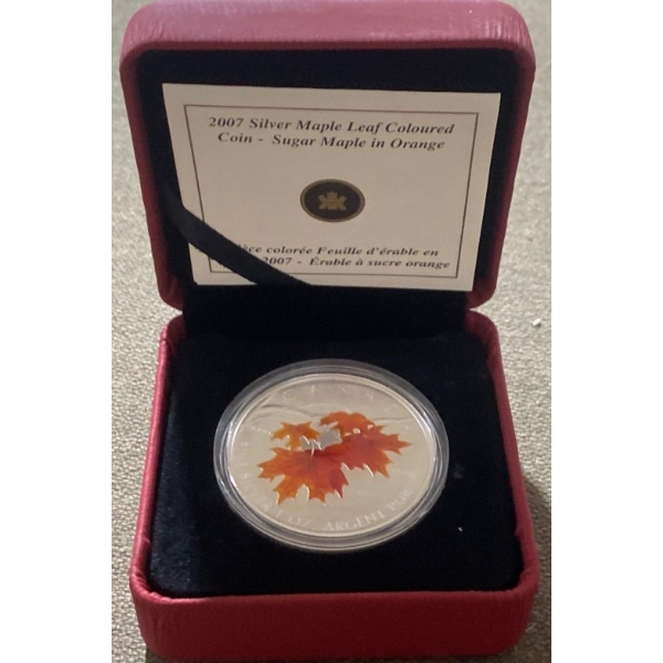 2007 Silver Maple Leaf Coloured $5 Coin- Sugar Maple in Orange 99.9% Silver 31.39 Grams