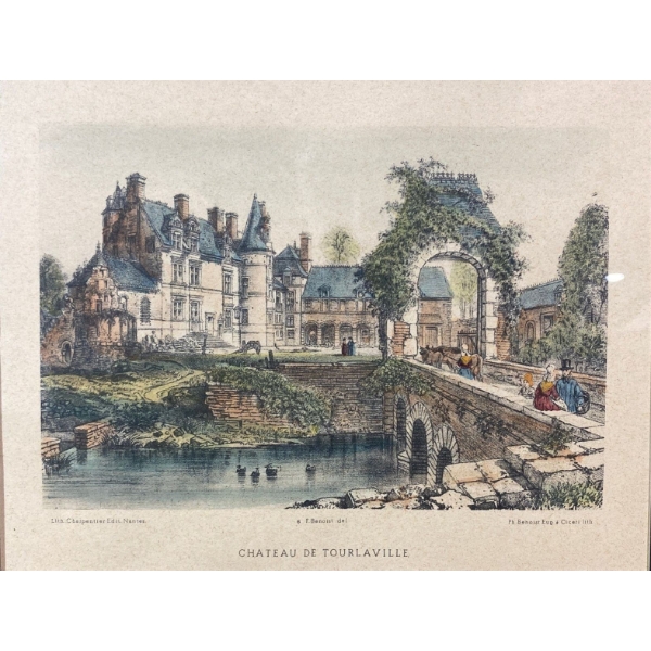 Tinted Lithograph Print Titled "CHATEAU DE TOURLAVILLE" France