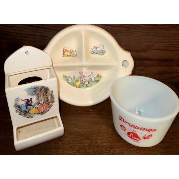 Vintage Divided Child's Warming Bowl, Bacon Dripping Bowl, Ceramic Hanging Match-Box