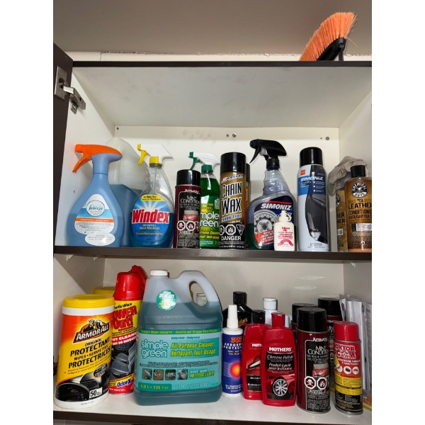 Complete Car Cleaning Cupboard- Wax, Armor-All, Windex, Simple Green, Leather Cleaner 