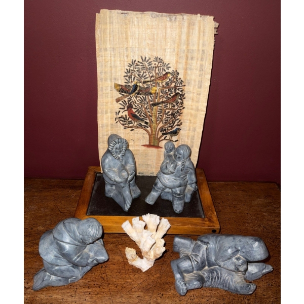 Inuit Soapstone Carvings 4"Tall w/ Papyrus Tree Of Life Print & More