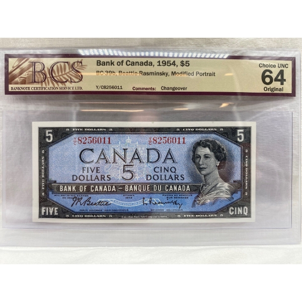 Graded Canadian 1954 Mod. Portrait $5 Choice UNC Prefix: Y/C