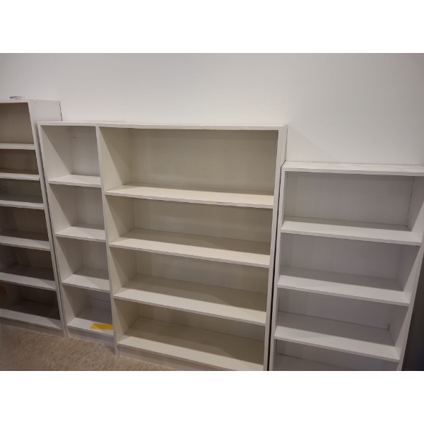 White MDF Utility Bookcases 24 w 9 d 59 1/2 h. Cubby 16 w 9 d 55 h. Wide Bookcase 36 1/2 w 11 d 55 h