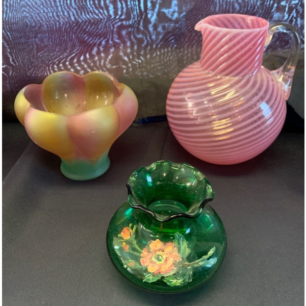 Cranberry Swirl Hand Blown Pitcher w/ Hand Painted Vase & Flower Petal Candle Holder 