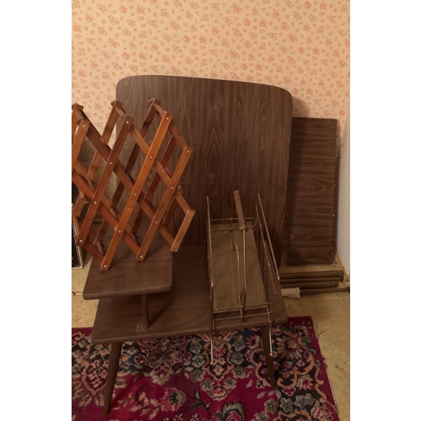 As Is Wooden Table w/ Leaf, 2 Tiered Table, Wine Rack, Magazine Rack 