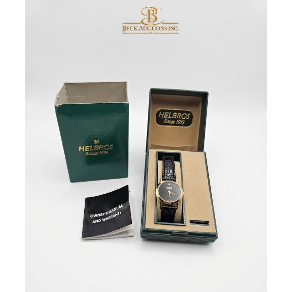 Vintage Swiss Helbros Ladies Quartz Wrist Watch- Gold Toned, Leather Strap